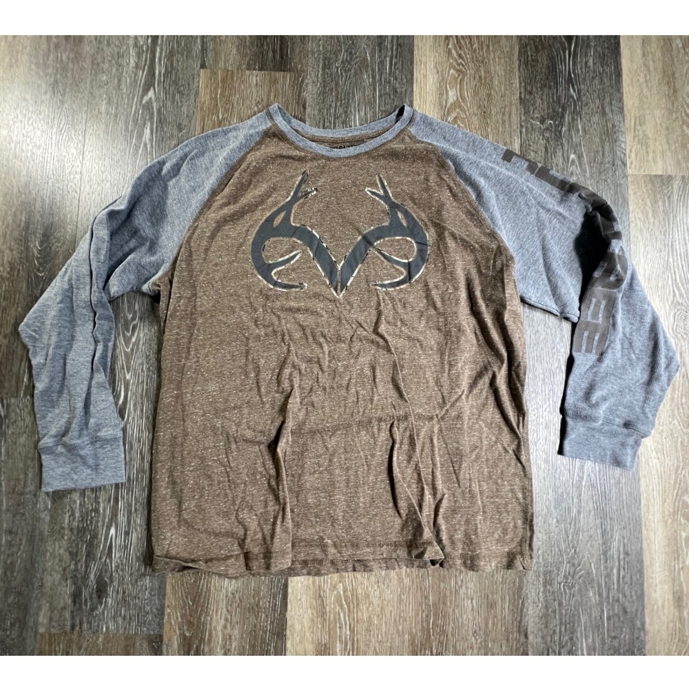 Realtree Shirt Mens 2XL Brown Grey Antler Logo Raglan Thermal Sleeve Tee